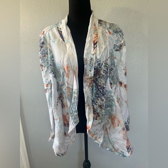 Francesca Paisley Print Open Front 100 % Linen Jacket Size L - Picture 9 of 9